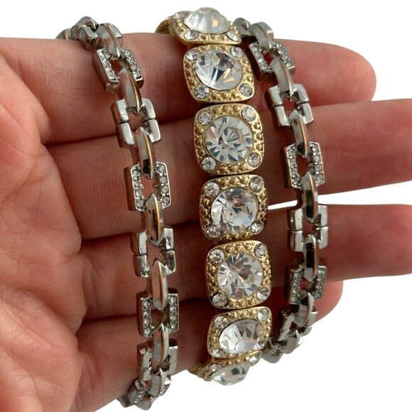 Lot 3 Stretch Bracelets Gold Tone Silver Tone Rhinestones Sparkle Stackable - Picture 4 of 9